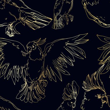 Vector Sky bird cockatoo in a wildlife isolated. Black and white engraved ink art. Seamless background pattern. clipart