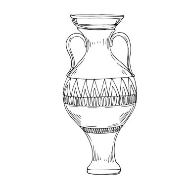 Vector Antique Greek amforas. Siyah beyaz işlemeli mürekkep sanatı. İzole edilmiş antik illüstrasyon elementi.