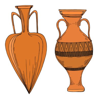 Vector Antique Greek amforas. Siyah beyaz işlemeli mürekkep sanatı. İzole edilmiş antik illüstrasyon elementi.