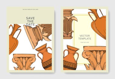 Vector Antique greek amphoras and columns. Black and white engraved ink art. Wedding background card decorative border. clipart