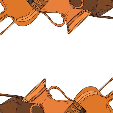 Vector Antique Greek amforas. Siyah beyaz işlemeli mürekkep sanatı. Çerçeve kenar süsü kare.