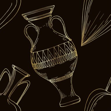 Vector Antique Greek amforas. Siyah beyaz işlemeli mürekkep sanatı. Kusursuz arkaplan deseni.