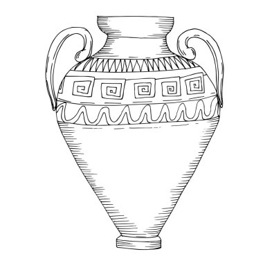 Vector Antique Greek amforas. Siyah beyaz işlemeli mürekkep sanatı. İzole edilmiş antik illüstrasyon elementi.