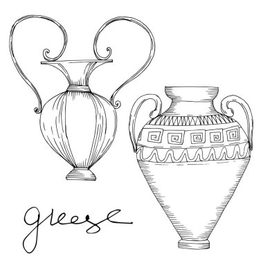 Vector Antique Greek amforas. Siyah beyaz işlemeli mürekkep sanatı. İzole edilmiş antik illüstrasyon elementi.