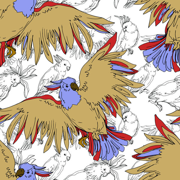 Vector Sky bird cockatoo in a wildlife isolated. Black and white engraved ink art. Seamless background pattern.