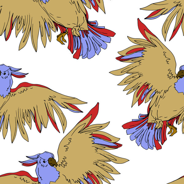 Vector Sky bird cockatoo in a wildlife isolated. Black and white engraved ink art. Seamless background pattern.