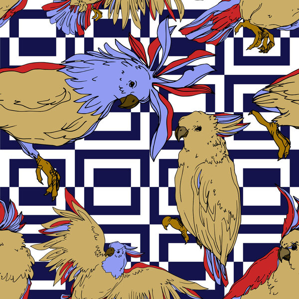 Vector Sky bird cockatoo in a wildlife isolated. Black and white engraved ink art. Seamless background pattern.