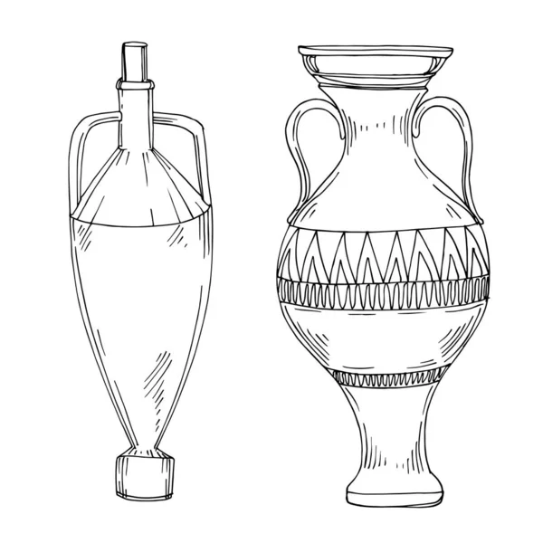 Vector Antique greek amphoras. Black and white engraved ink art. Isolated ancient illustration element. — Stock Vector