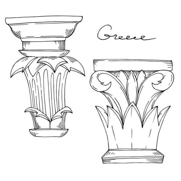 Векторные античные греческие колонны. Черно-белый рисунок чернил. Изолированный древний элемент иллюстрации
.