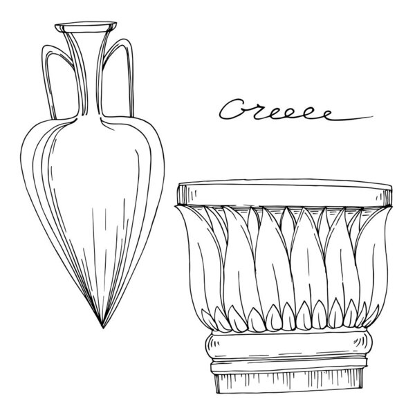 Векторные античные греческие амфоры и колонны. Черно-белый рисунок чернил. Изолированный древний элемент иллюстрации
.