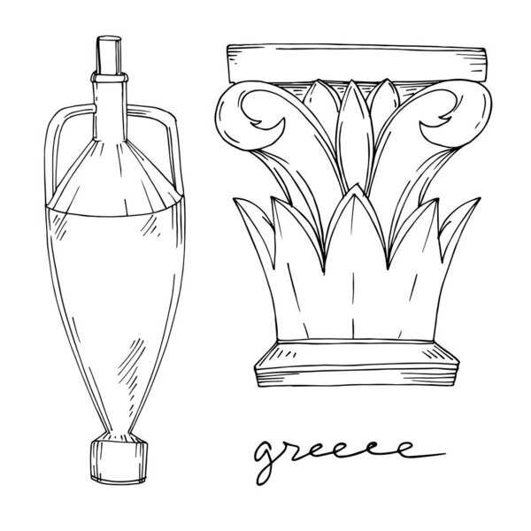 Vector Antique greek amphoras and columns. Black and white engraved ink art. Isolated ancient illustration element.