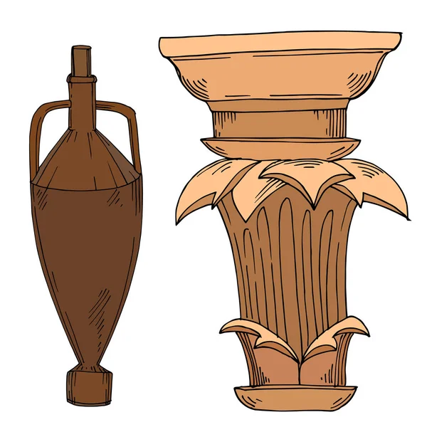 Vektor Antik grekiska amforor och kolumner. Svart och vit graverad bläckkonst. Isolerat gammalt illustrationselement. — Stock vektor