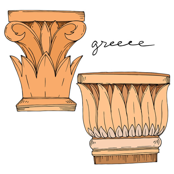Vector Antique greek columns. Black and white engraved ink art. Isolated ancient illustration element.