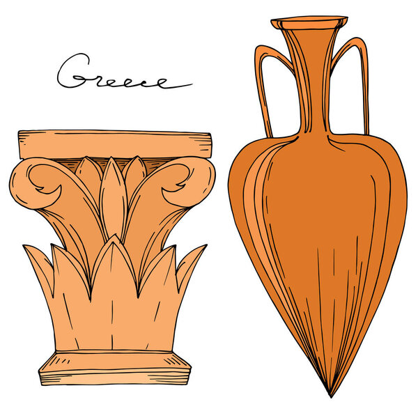 Vector Antique greek amphoras and columns. Black and white engraved ink art. Isolated ancient illustration element.