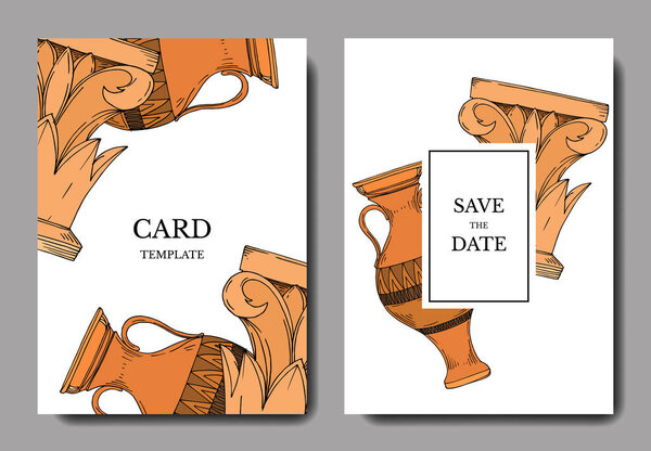 Векторные античные греческие амфоры и колонны. Черно-белый рисунок чернил. Декоративная граница свадебной карточки
.