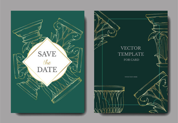 Vector Antique greek columns. Black and white engraved ink art. Wedding background card decorative border.