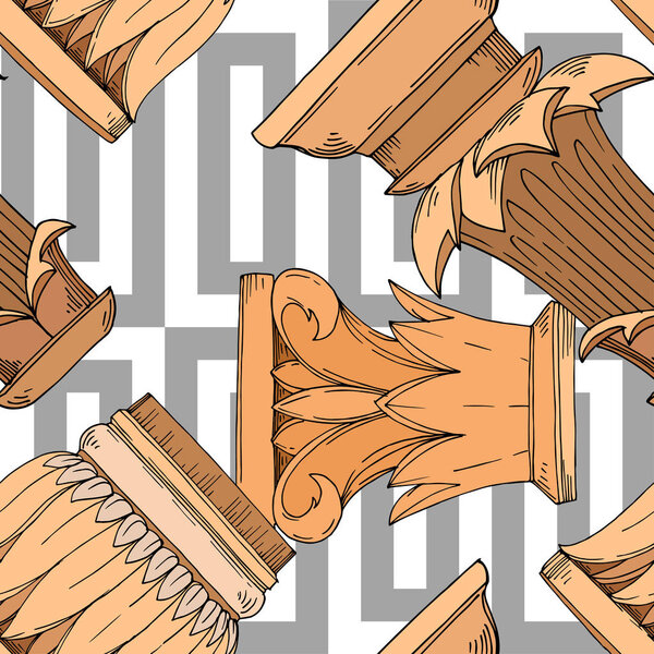 Vector Antique greek columns. Black and white engraved ink art. Seamless background pattern.
