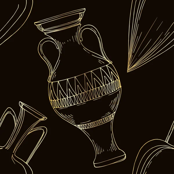 Vector Antique greek amphoras. Black and white engraved ink art. Seamless background pattern. — Stock Vector