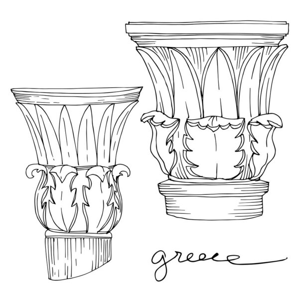 Векторные античные греческие колонны. Черно-белый рисунок чернил. Изолированный древний элемент иллюстрации
.
