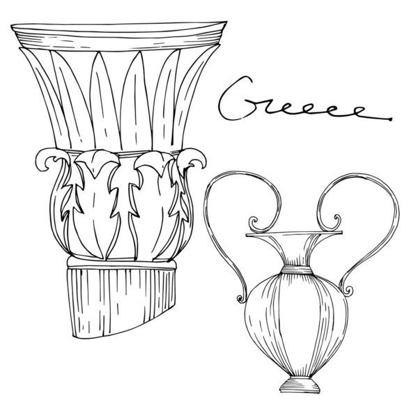 Векторные античные греческие амфоры и колонны. Черно-белый рисунок чернил. Изолированный древний элемент иллюстрации
.