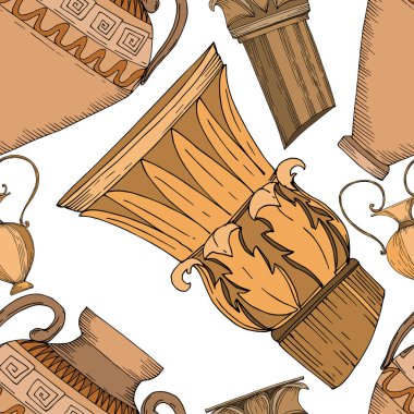 Vector Antique greek amphoras and columns. Black and white engraved ink art. Seamless background pattern. clipart