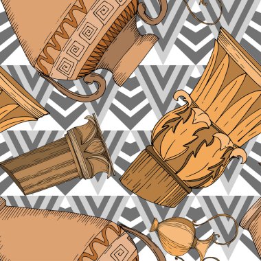 Vector Antique greek amphoras and columns. Black and white engraved ink art. Seamless background pattern. clipart