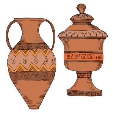 Vector Antique greek amphoras. Black and white engraved ink art. Isolated ancient illustration element. clipart