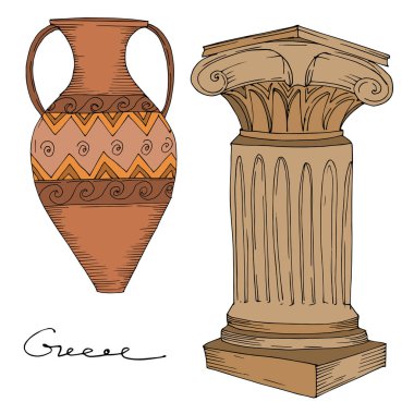 Vector Antique greek amphoras and columns. Black and white engraved ink art. Isolated ancient illustration element. clipart