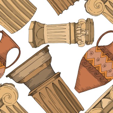 Vector Antique greek amphoras and columns. Black and white engraved ink art. Seamless background pattern. clipart