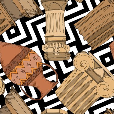 Vektör Antik Yunan amforaları ve sütunları. Siyah beyaz işlemeli mürekkep sanatı. Kusursuz arkaplan deseni.