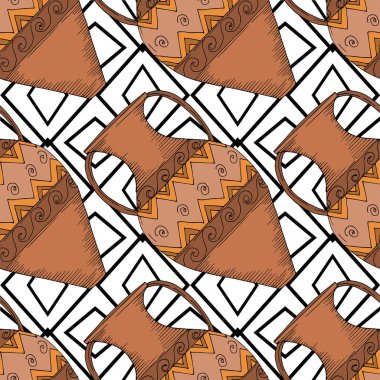 Vector Antique Greek amforas. Siyah beyaz işlemeli mürekkep sanatı. Kusursuz arkaplan deseni.