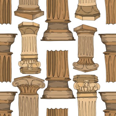 Vector Antique greek columns. Black and white engraved ink art. Seamless background pattern. clipart