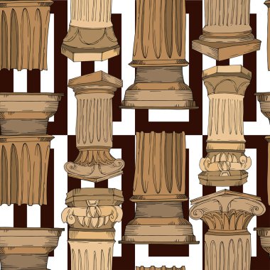 Vector Antique greek columns. Black and white engraved ink art. Seamless background pattern. clipart