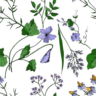 Vektör Yaban Çiçekleri çiçek botanik çiçekleri. Siyah beyaz işlemeli mürekkep sanatı. Kusursuz arkaplan deseni.