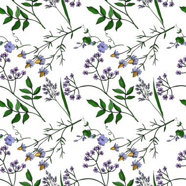 Vector Wildflowers floral botanical flowers. Black and white engraved ink art. Seamless background pattern. clipart