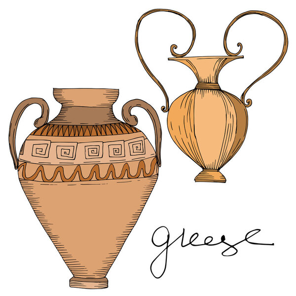 Vector Antique greek amphoras. Black and white engraved ink art. Isolated ancient illustration element.