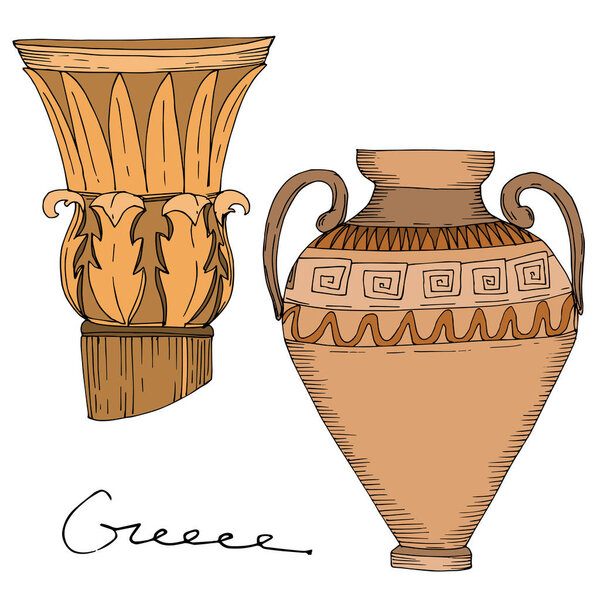 Vector Antique greek amphoras and columns. Black and white engraved ink art. Isolated ancient illustration element.