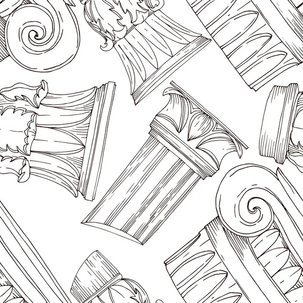 Vector Columnas griegas antiguas. Tinta grabada en blanco y negro. Patrón de fondo sin costuras . — Vector de stock