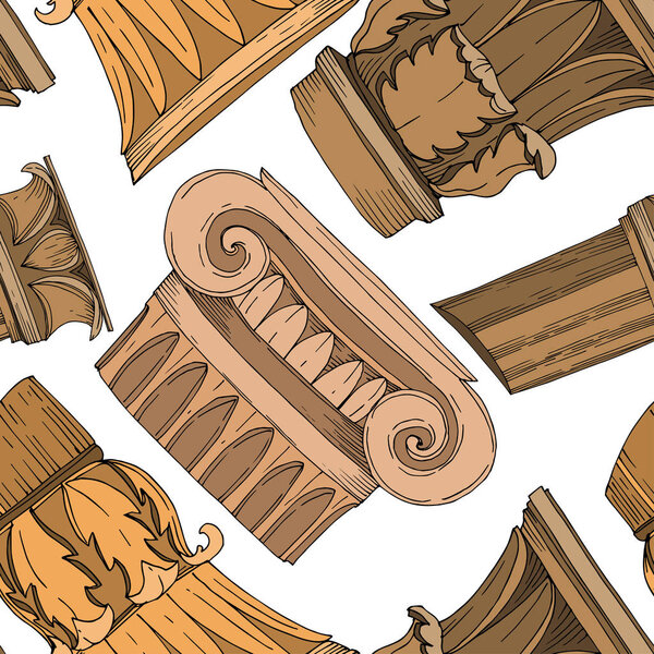 Vector Antique greek columns. Black and white engraved ink art. Seamless background pattern.