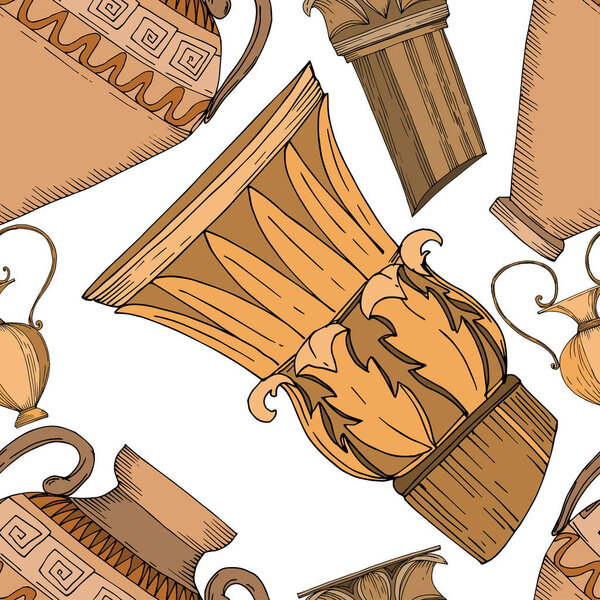 Vector Antique greek amphoras and columns. Black and white engraved ink art. Seamless background pattern.