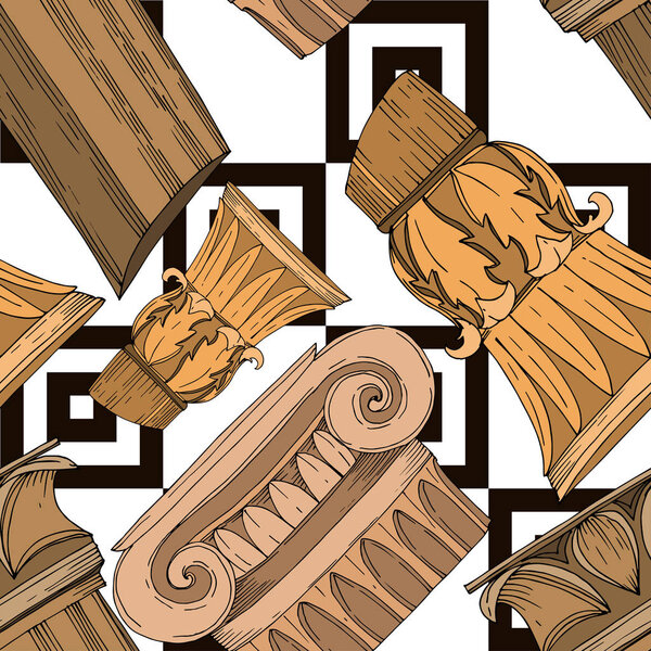 Vector Antique greek columns. Black and white engraved ink art. Seamless background pattern.