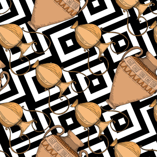 Vector Antique greek amphoras. Black and white engraved ink art. Seamless background pattern.