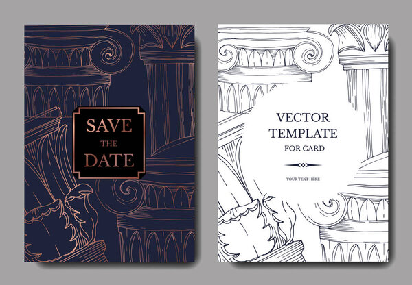 Vector Antique greek columns. Black and white engraved ink art. Wedding background card decorative border.