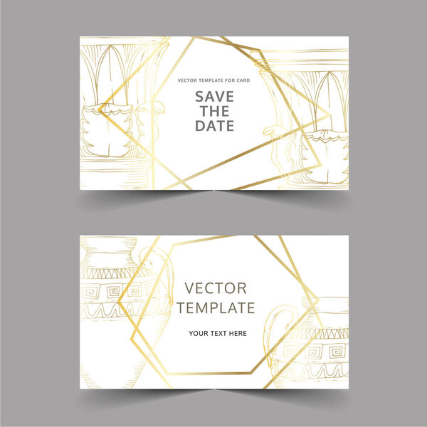 Vector Antique greek amphoras and columns. Black and white engraved ink art. Wedding background card decorative border.