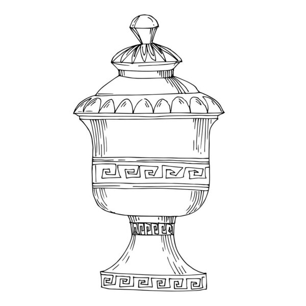 Vector Antique greek amphoras. Black and white engraved ink art. Isolated ancient illustration element.