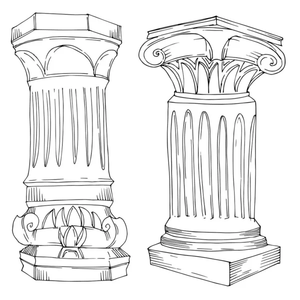 Vector Columnas griegas antiguas. Tinta grabada en blanco y negro. Elemento aislado de ilustración antigua . — Vector de stock