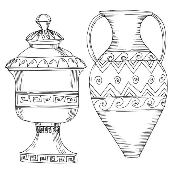 Vector Antique greek amphoras. Black and white engraved ink art. Isolated ancient illustration element. — Stock Vector