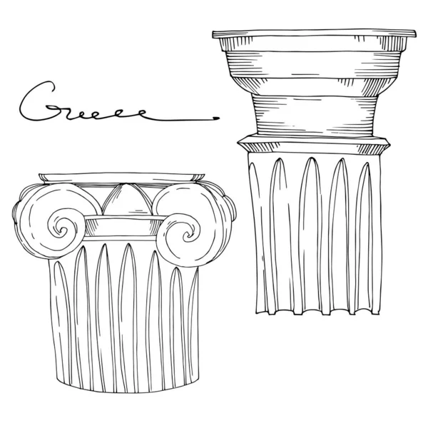 Vetor Colunas gregas antigas. Tinta gravada a preto e branco. Isolado elemento ilustração antiga . — Vetor de Stock