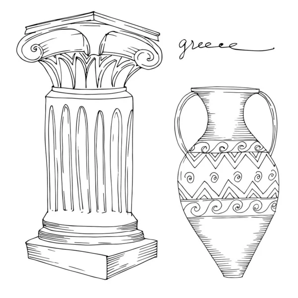 Vector Antique greek amphoras and columns. Black and white engraved ink art. Isolated ancient illustration element. — Stock Vector