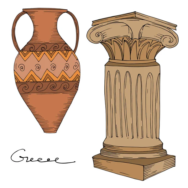 Διάνυσμα Αρχαίοι ελληνικοί αμφορείς και κίονες. Μαύρο και άσπρο χαραγμένο μελάνι τέχνης. Μεμονωμένο αρχαίο στοιχείο απεικόνισης. — Διανυσματικό Αρχείο